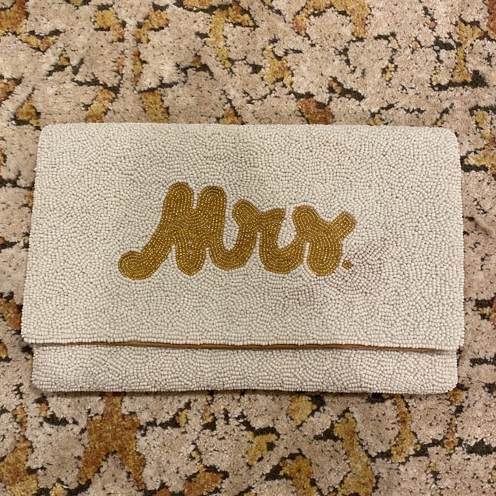 “Mrs.” white and gold beaded clutch/purse